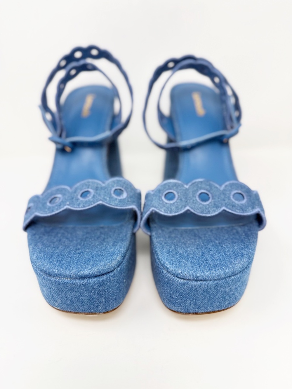 New Larroude Dolly Broderie Sandal In Blue Stoned Denim Sz 9.5 - Picture 9 of 12